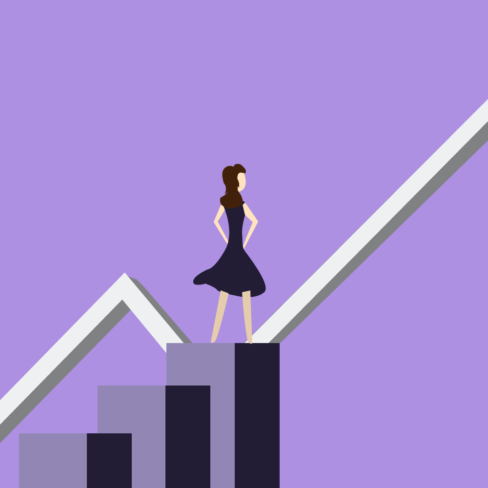 Ilustración de una mujer en la cima de una gráfica de rectángulos que observa cómo crece otra gráfica lineal al fondo